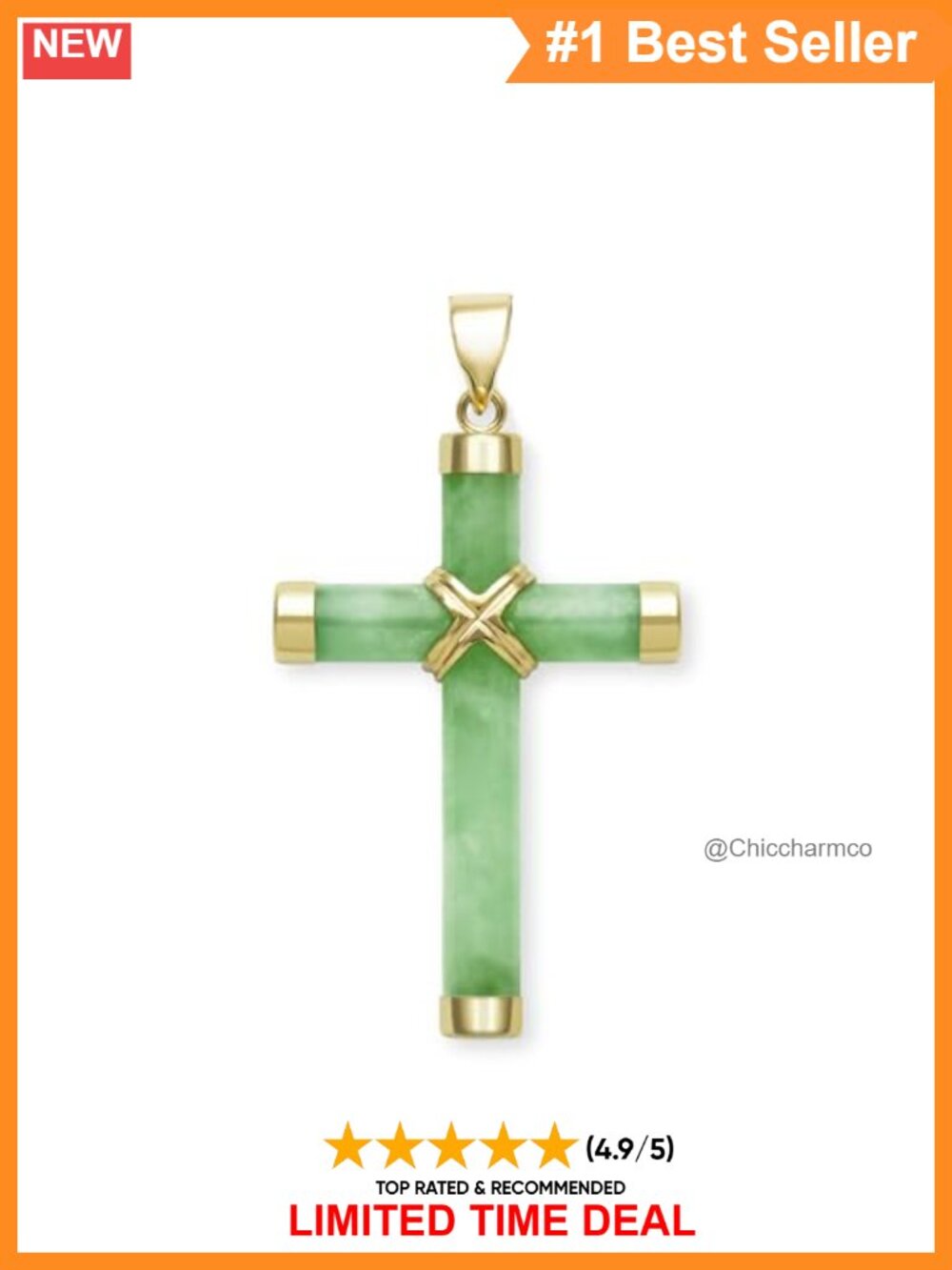 Hand-Carved Natural Jade Cross Pendant Necklace in 14K Yellow Gold